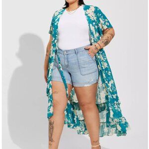 Torrid Textured Chiffon Maxi Kimono – Floral Green | Size 3 (22/24)